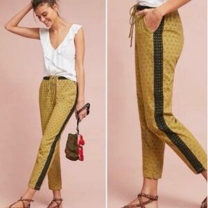 Anthropologie Eyelet Jogger Mustard Boho Cropped Drawstring Waist Medium